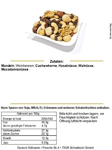 Nussmischung Studentenfutter, geröstet | 250g oder 500g | aus Mandeln, Macadamia, Haselnüsse, Walnüssen und Rosinen | ohne Zusatz- und Konservierungsstoffe - 2